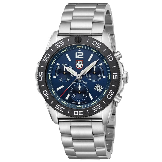 Stainless steel chronograph wristwatch with a blue dial and black bezel.
