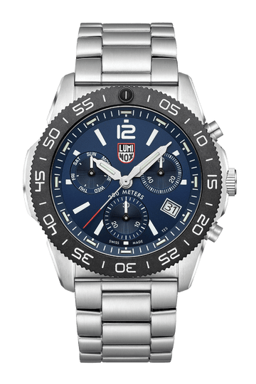Stainless steel chronograph watch with a blue dial and black bezel.