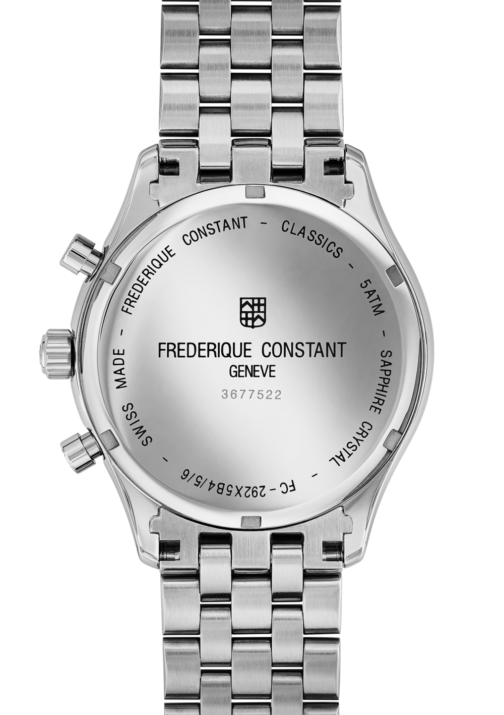 Silver wristwatch with a metal link bracelet and engraved caseback.