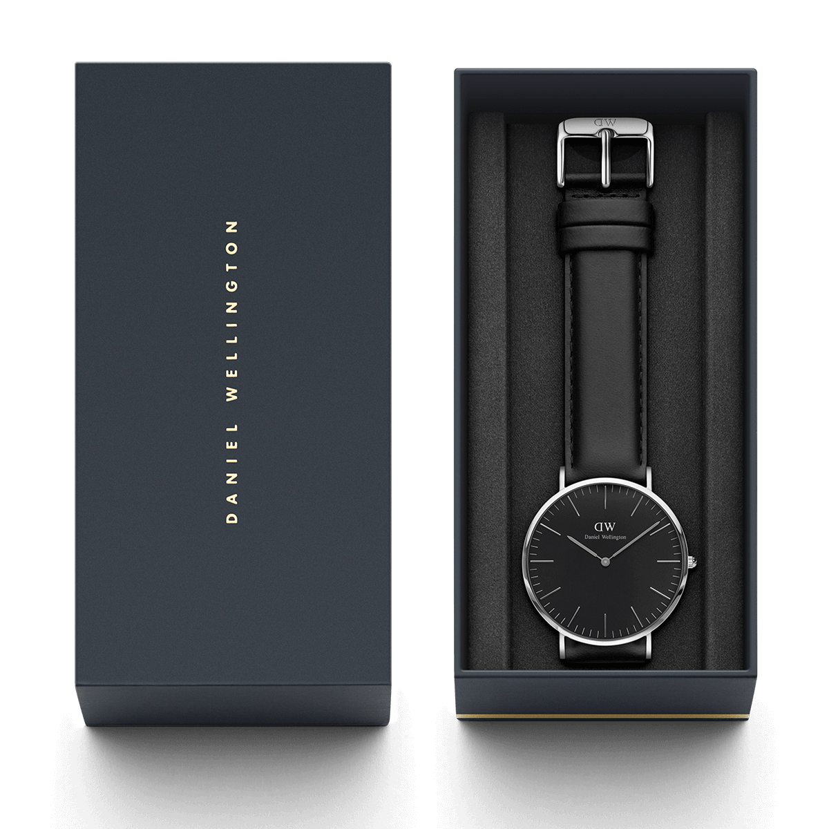 Sleek black wristwatch with silver accents in an open gift box.