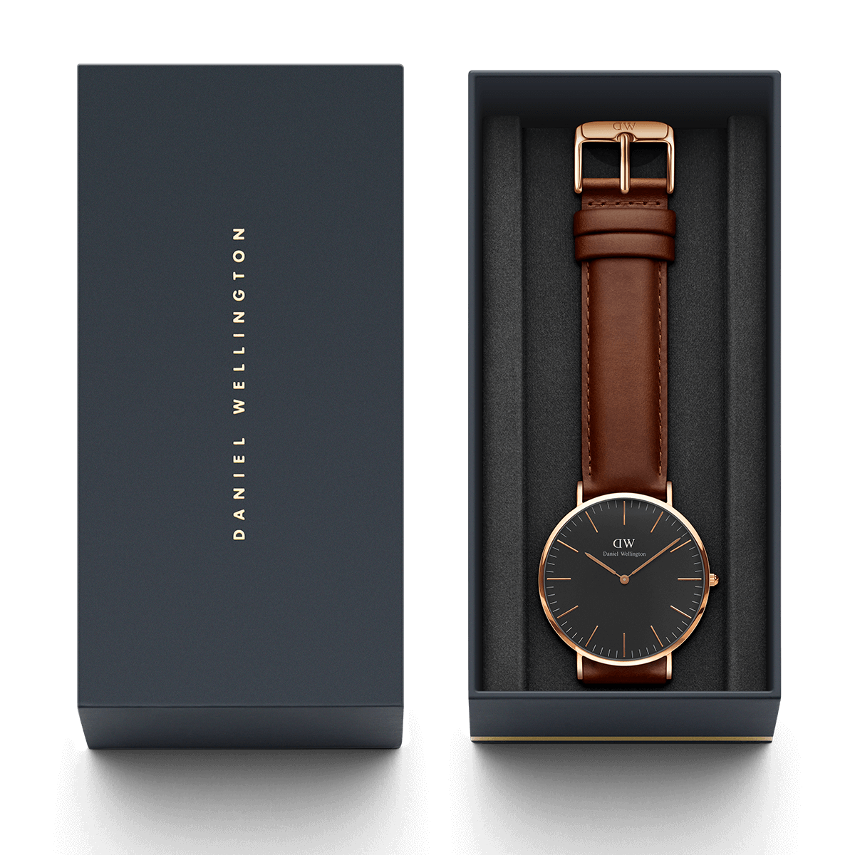 Elegant wristwatch with a brown leather strap and black face in a gift box.