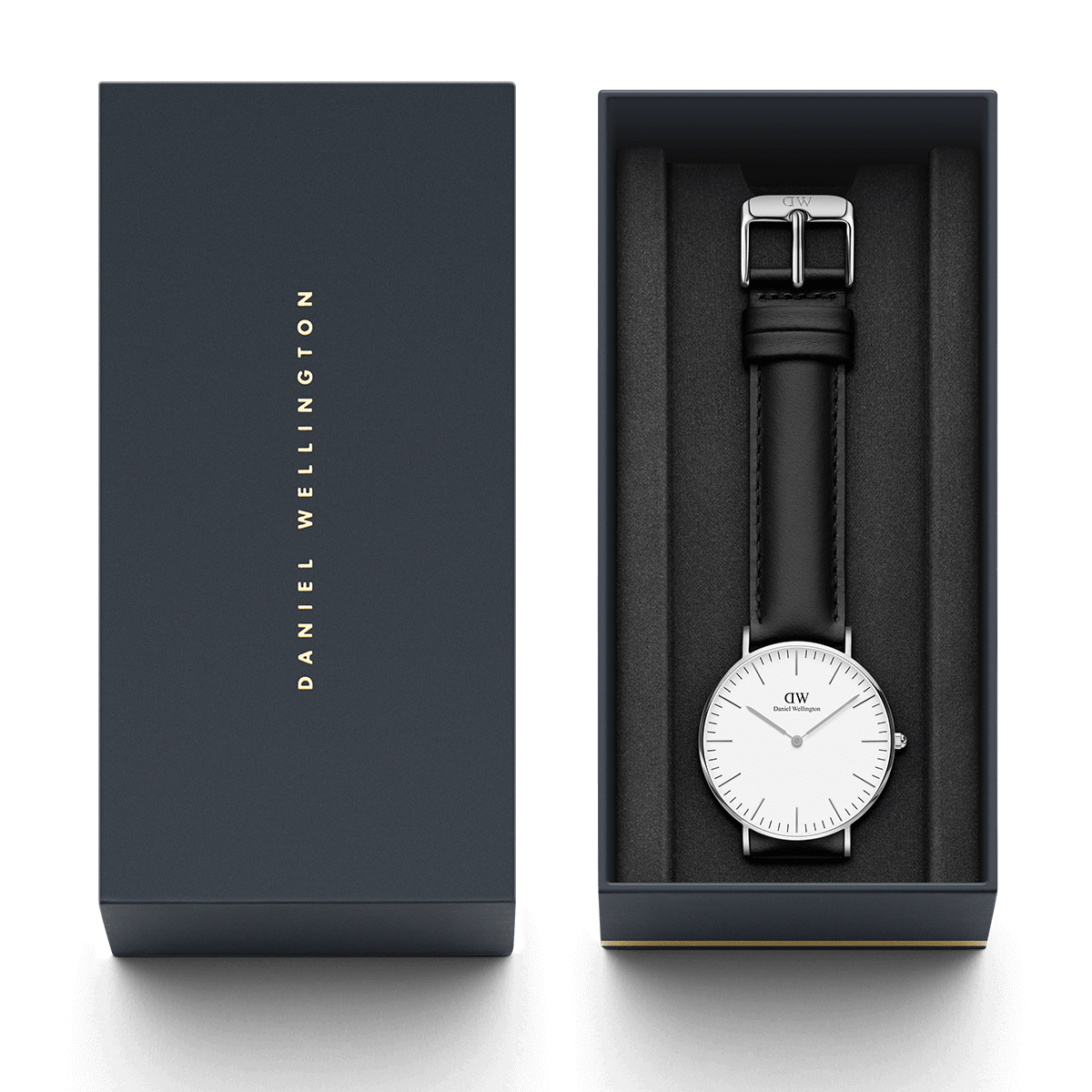 Wristwatch with a white face and black leather strap in a presentation box.