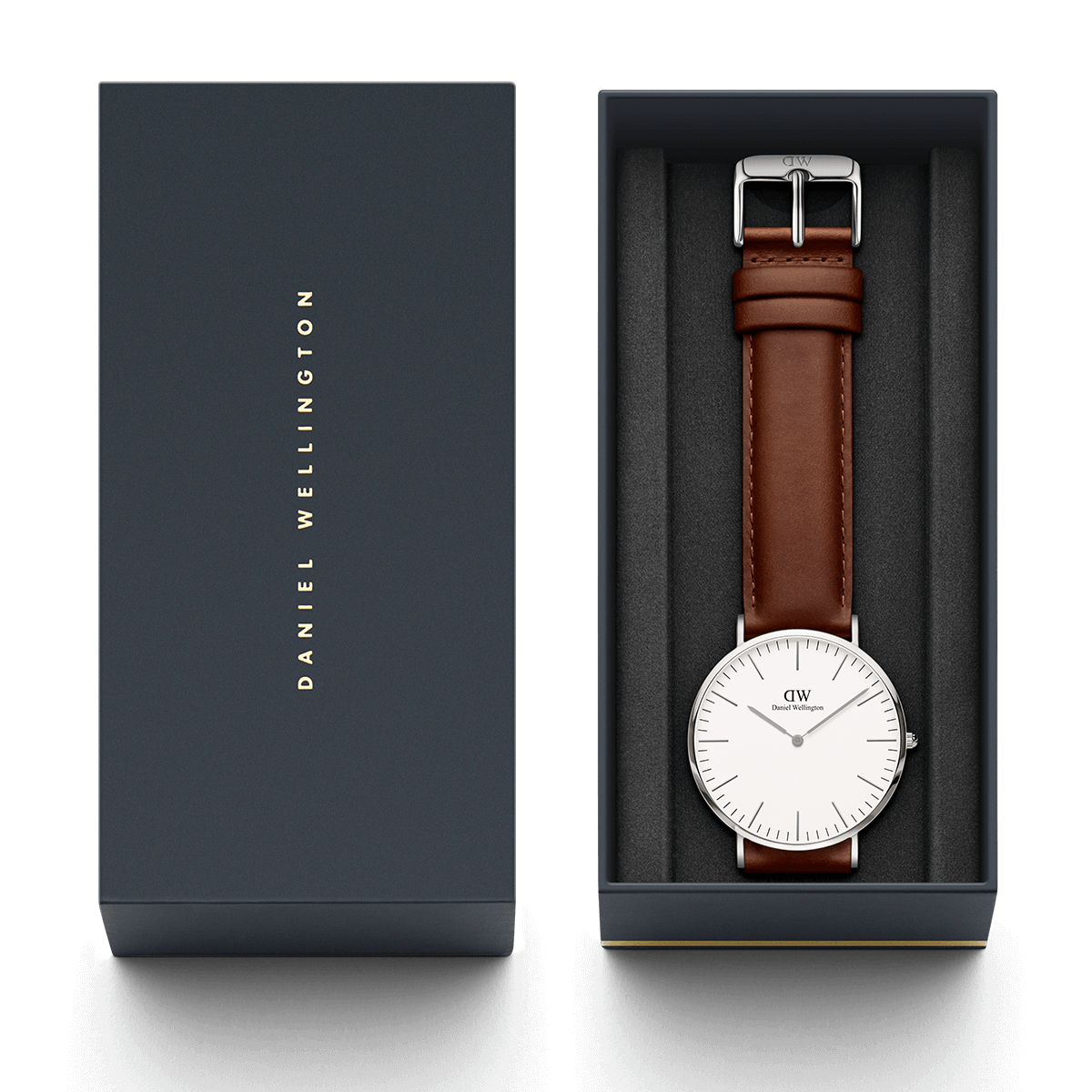 Wristwatch with a white face and brown leather strap in a presentation box.