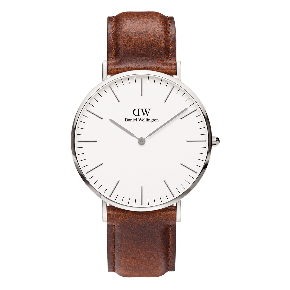 Wristwatch with a white face, silver case, and brown leather strap.