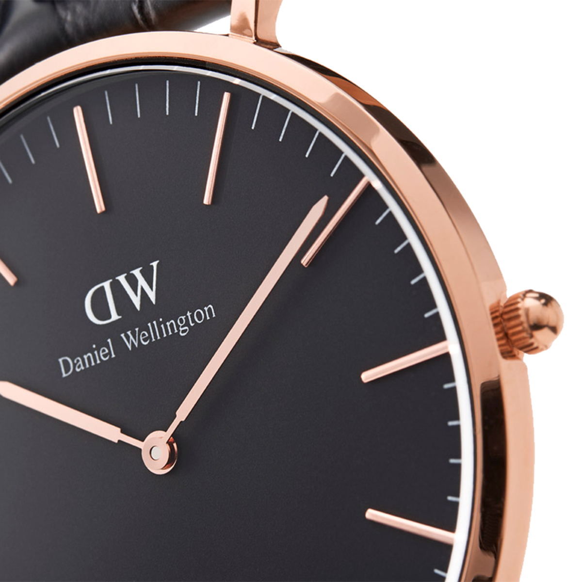 Elegant wristwatch with a black face and rose gold accents, displaying the brand ’Daniel Wellington’.
