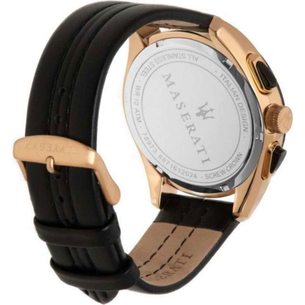 Luxury wristwatch with a black leather strap and rose gold-toned case.
