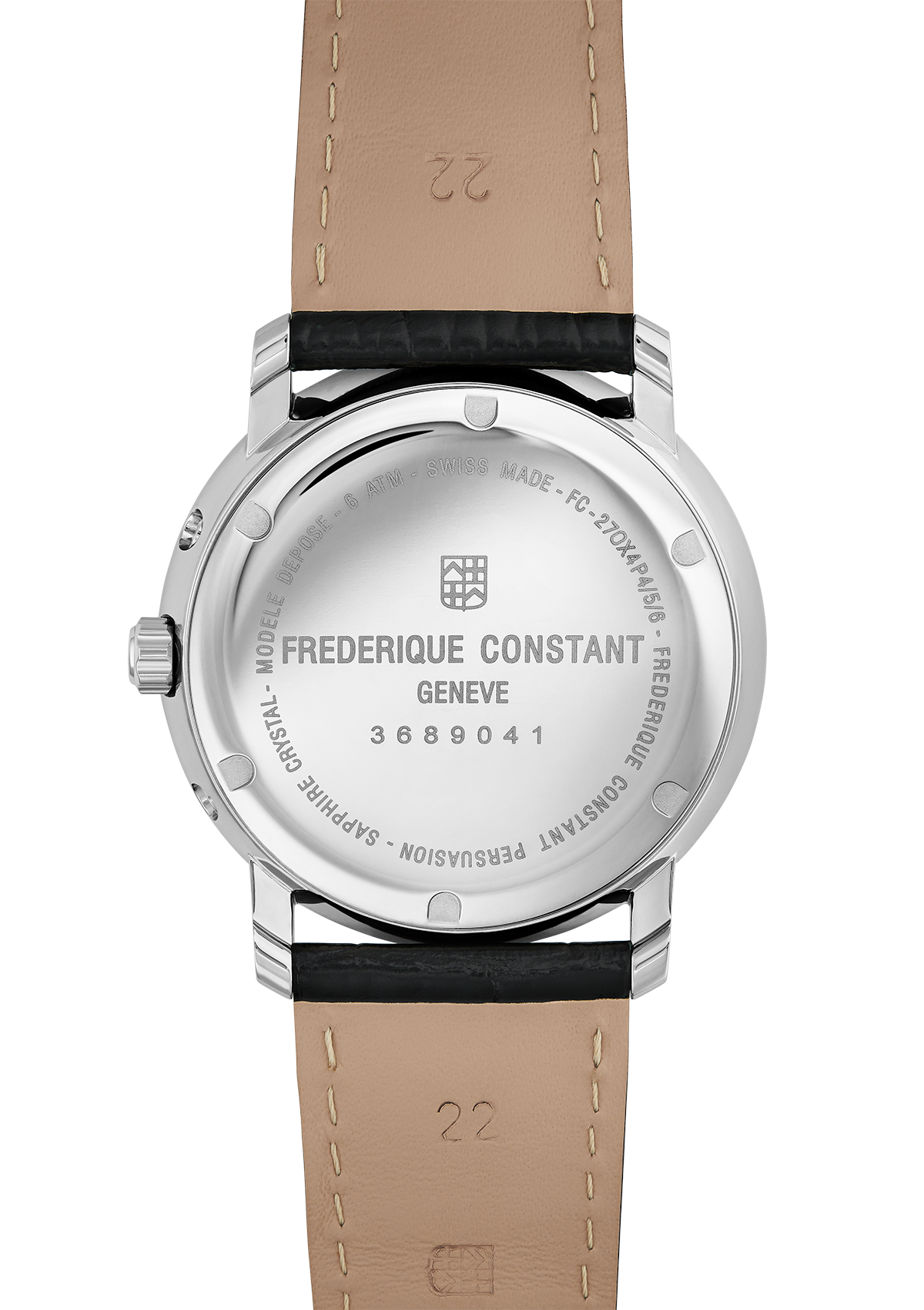 Back of a Frederique Constant wristwatch with a black leather strap.