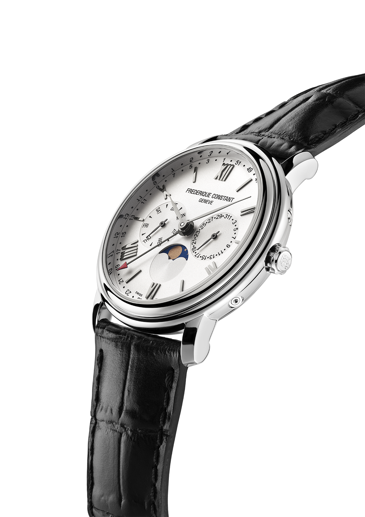 Elegant wristwatch with a white face, multiple dials, and a black leather strap.