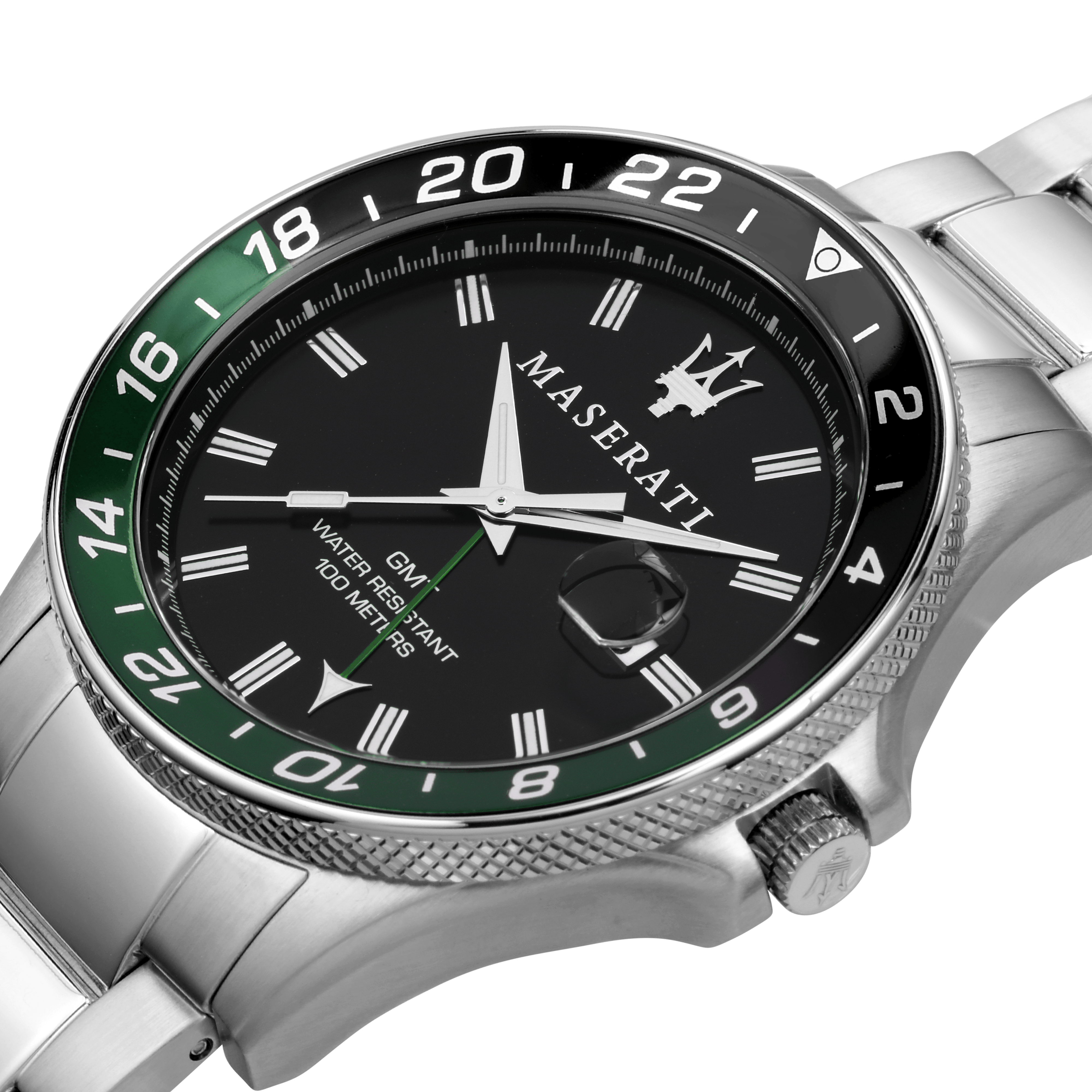 Luxury wristwatch with a black dial and green-black bezel featuring the Maserati logo.
