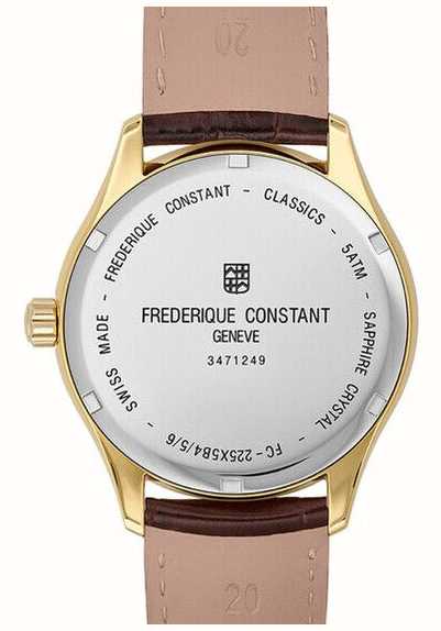 Gold-toned wristwatch with a brown leather strap and white dial displaying the Frederique Constant brand name.
