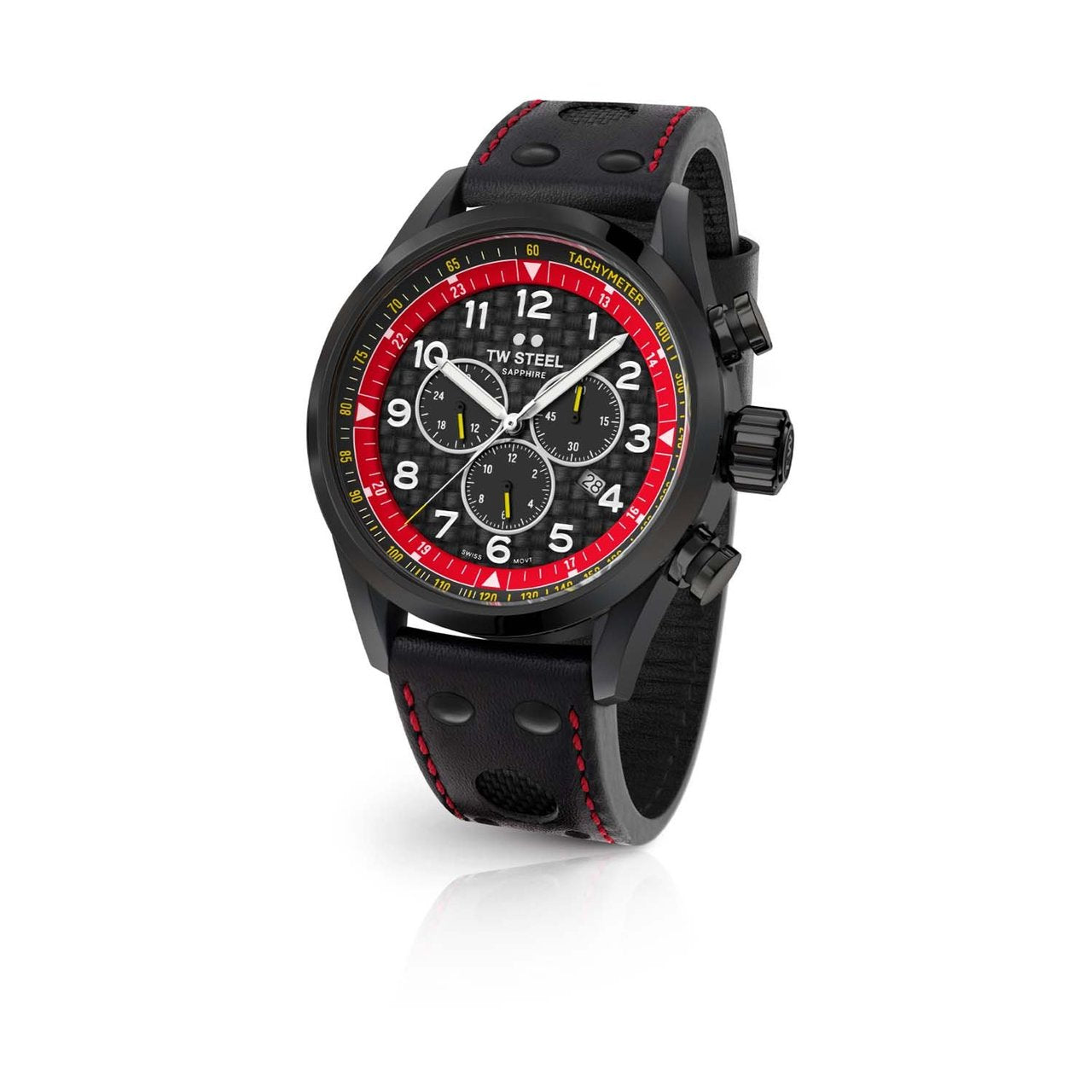 Sporty black wristwatch with red accents and chronograph subdials.