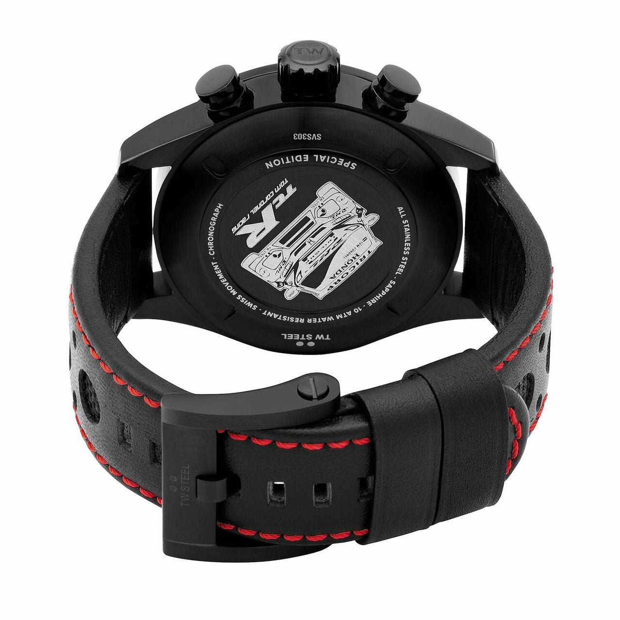 Black wristwatch with a leather strap featuring red stitching and chronograph functions.