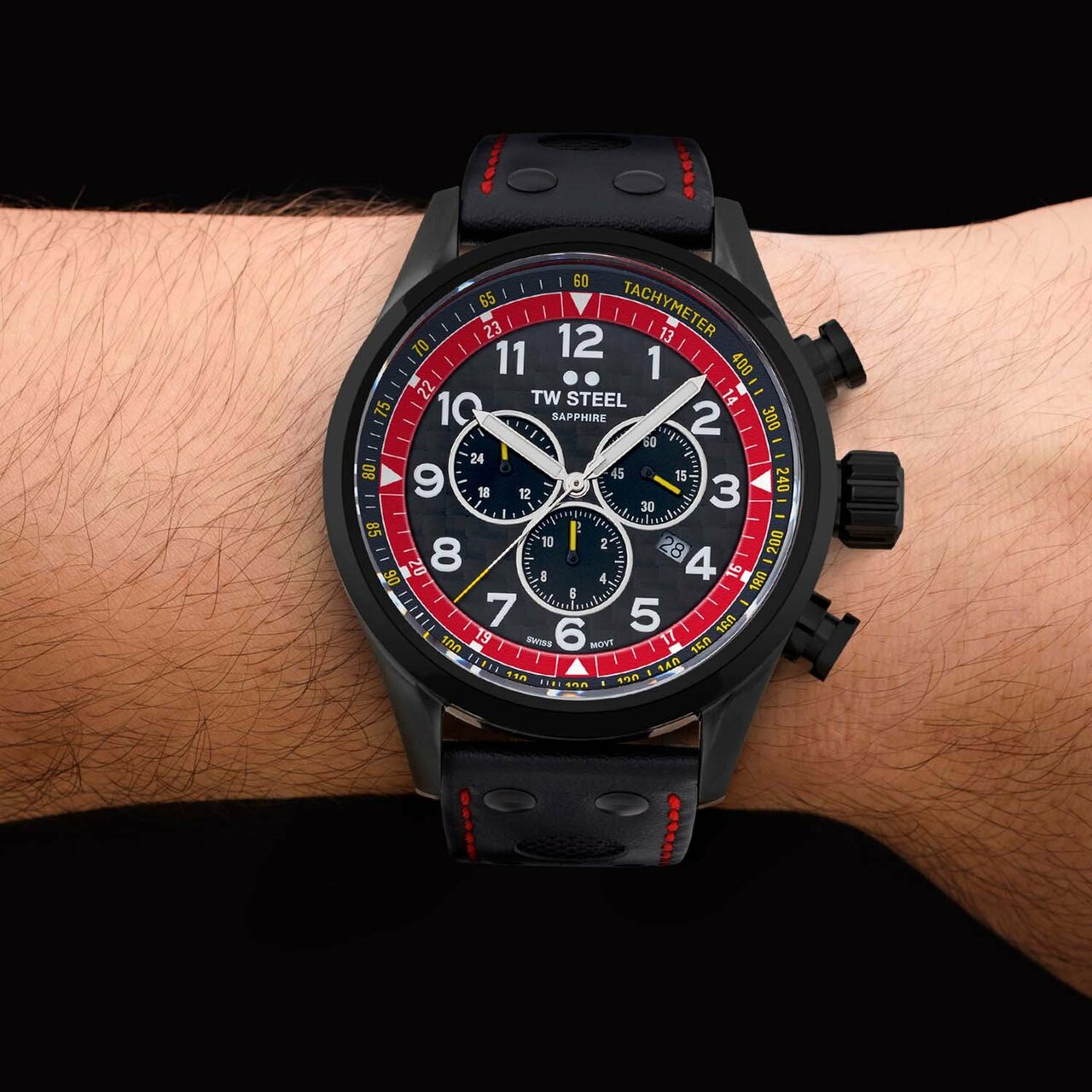 Stylish black and red chronograph wristwatch with multiple subdials.