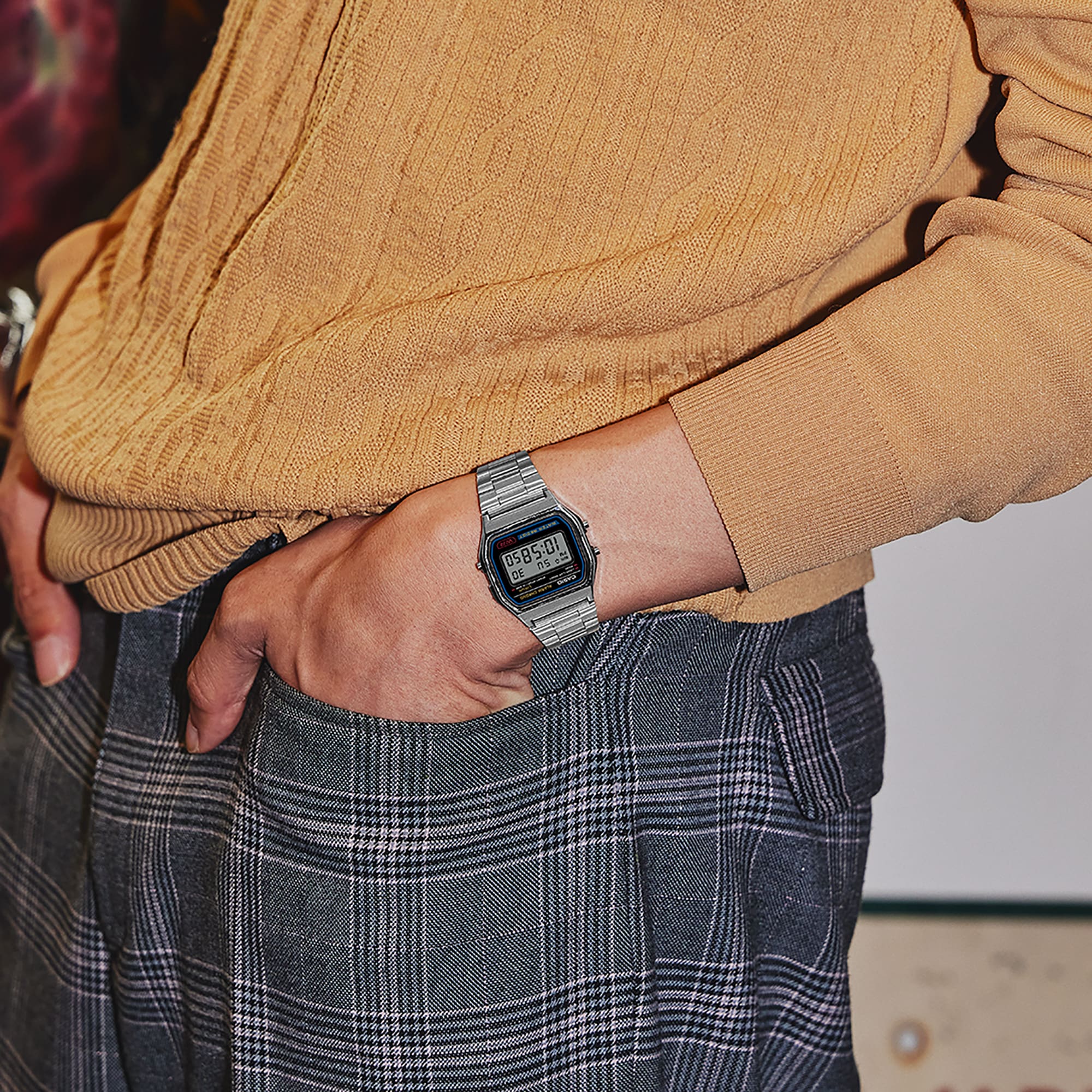Casio A158WA-1 digital watch on a stainless steel bracelet, worn on the wrist