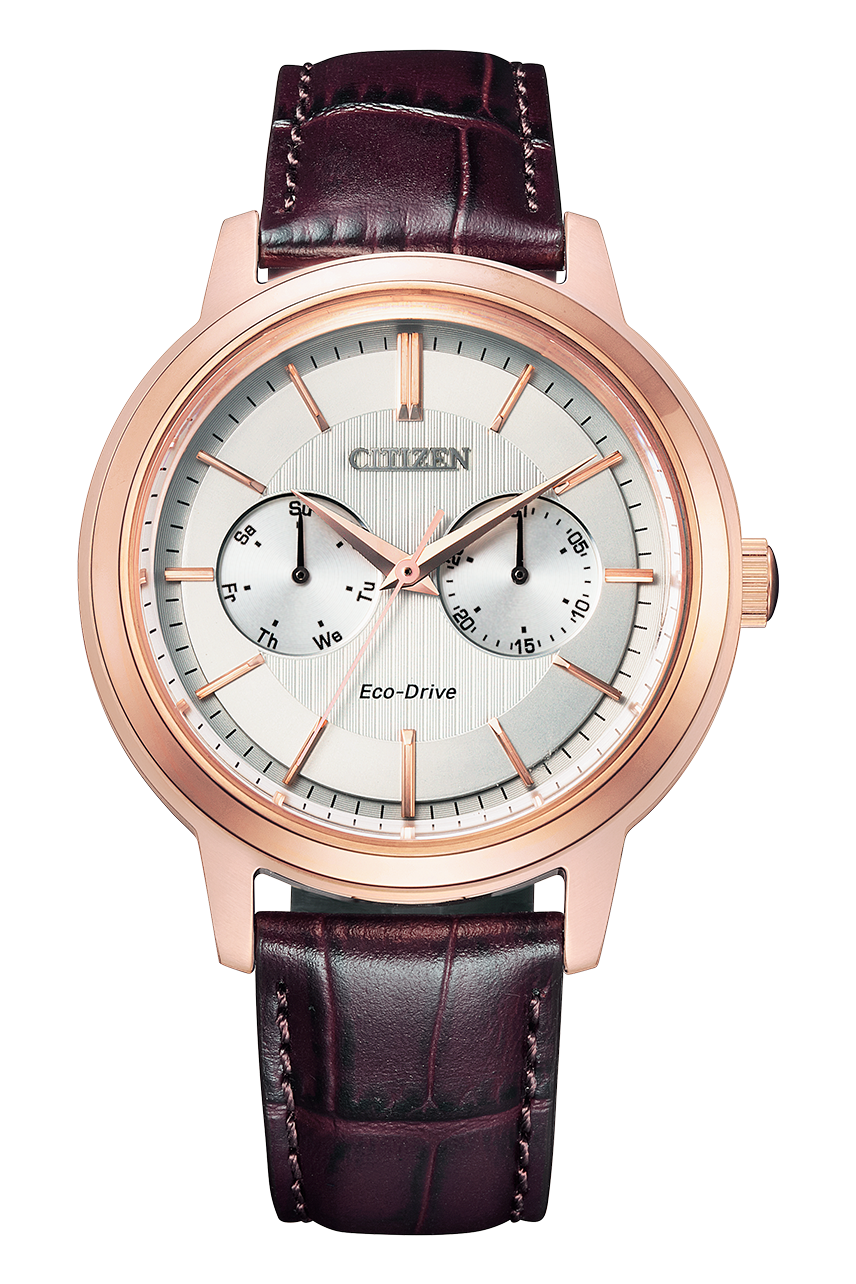Elegant rose gold Citizen wristwatch with a brown leather strap and white dial.