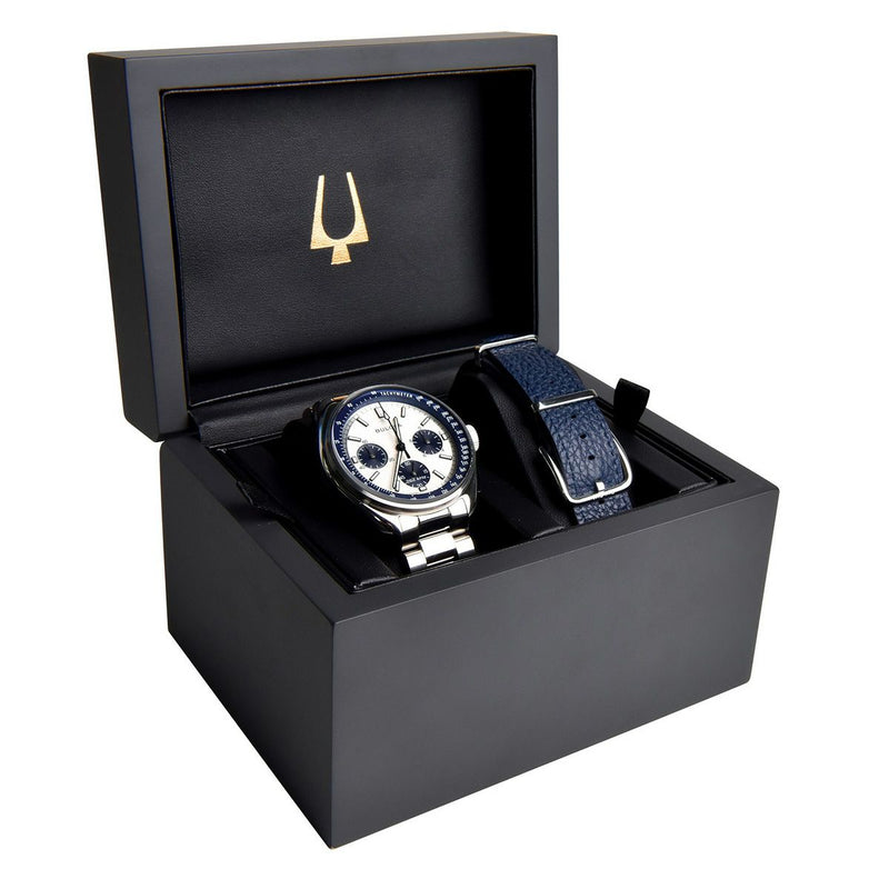 Luxury wristwatch with a chronograph dial displayed in an open black presentation box.