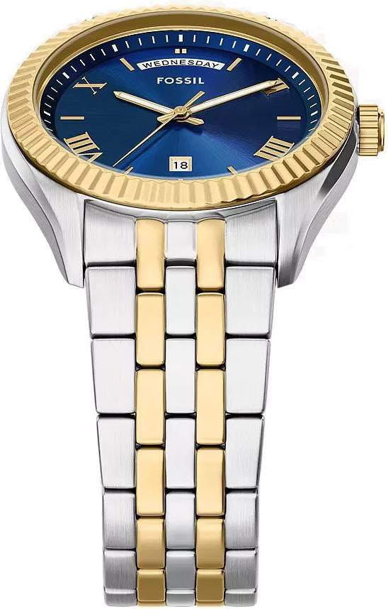 Fossil Three Hand Two Tone Stainless Steel Blue Dial Watch FS6141
