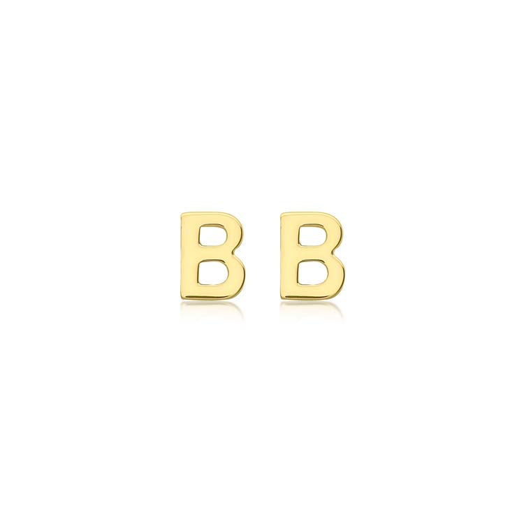 9K Yellow Gold B Initial Stud Earrings Stylish Contemporary Gift