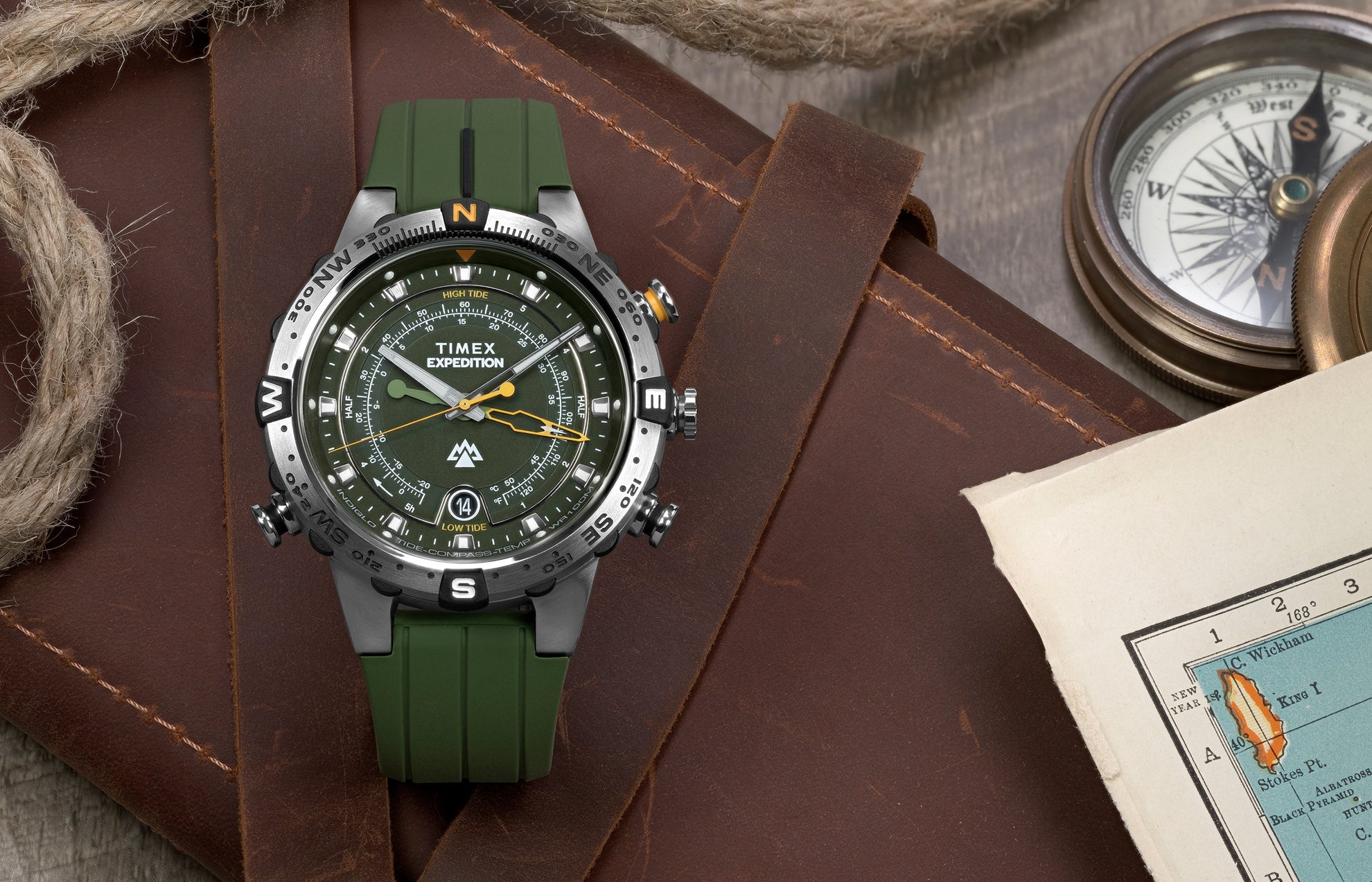 Timex Expedition North Tide Temp Compass Green Rubber Band Watch TW2Y14400