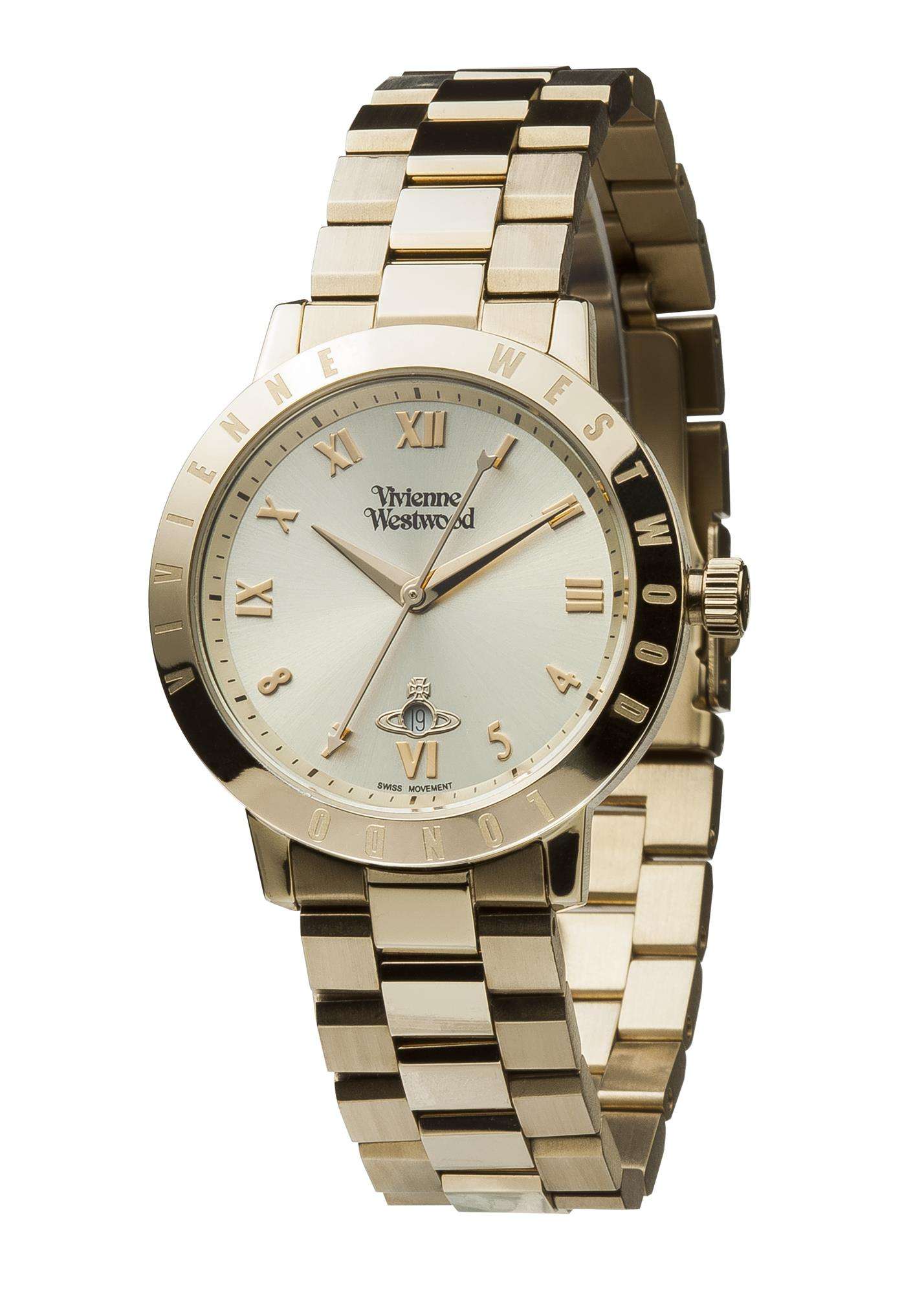 Vivienne Westwood Bloomsbury women's watch with a gold dial and gold stainless steel bracelet. Shown at an angle.