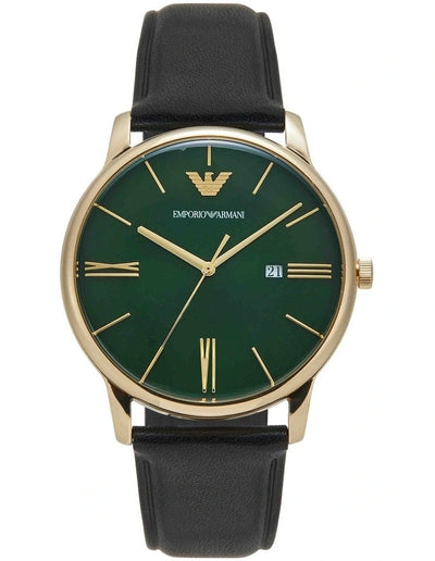 Emporio Armani Green Dial Black Leather Men's Watch AR11601