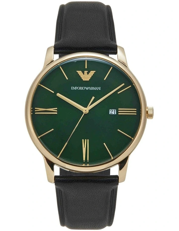 Emporio Armani Green Dial Black Leather Men's Watch AR11601