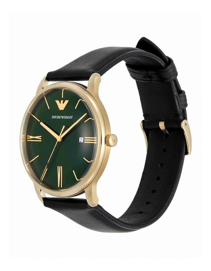 Emporio Armani Green Dial Black Leather Men's Watch AR11601