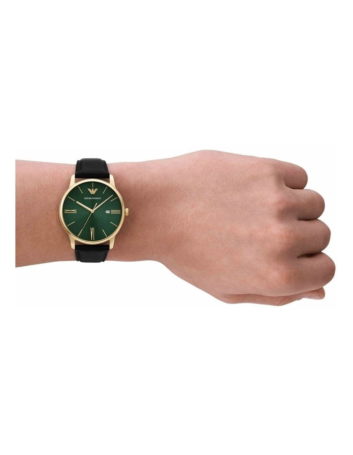 Emporio Armani Green Dial Black Leather Men's Watch AR11601