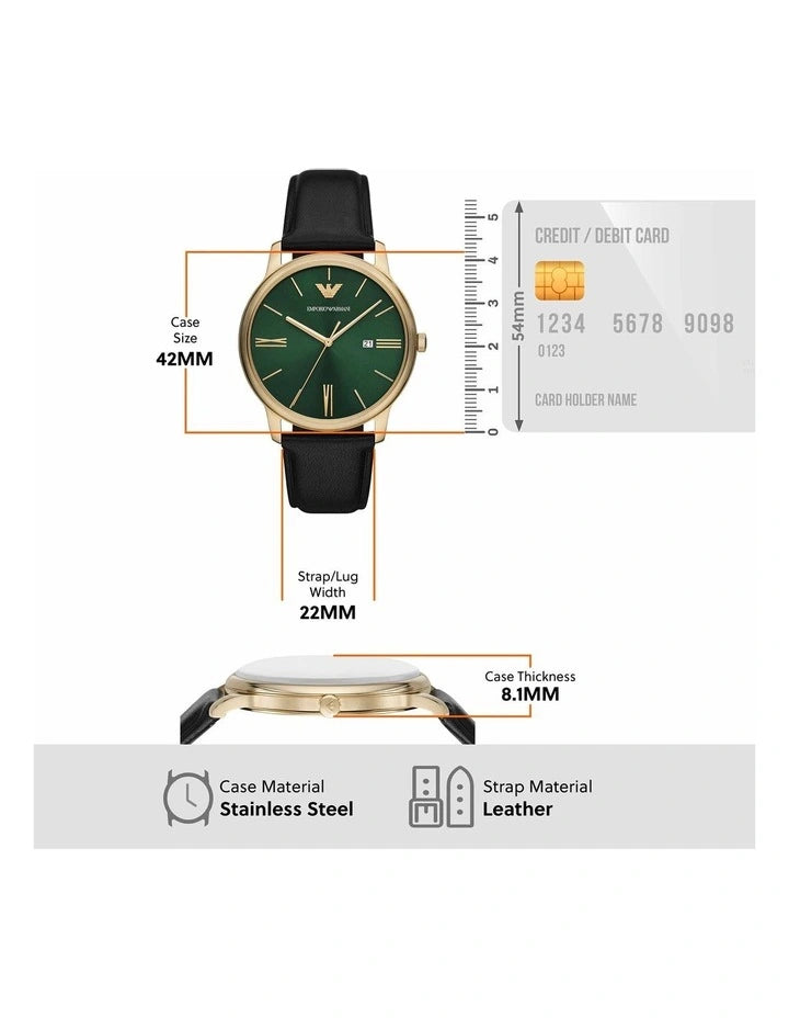 Emporio Armani Green Dial Black Leather Men's Watch AR11601