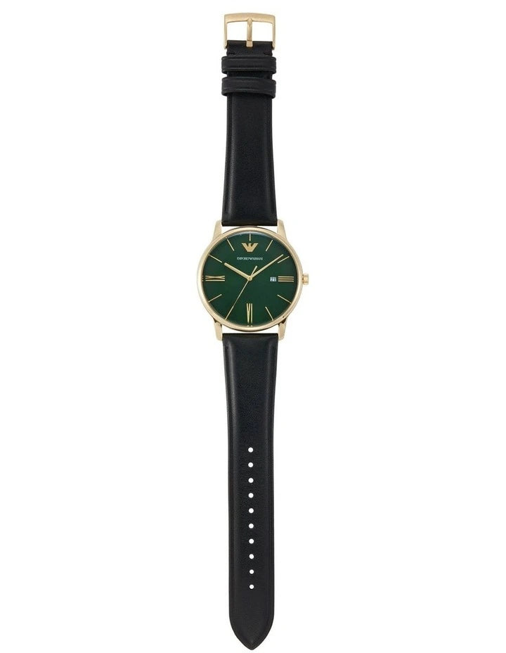 Emporio Armani Green Dial Black Leather Men's Watch AR11601
