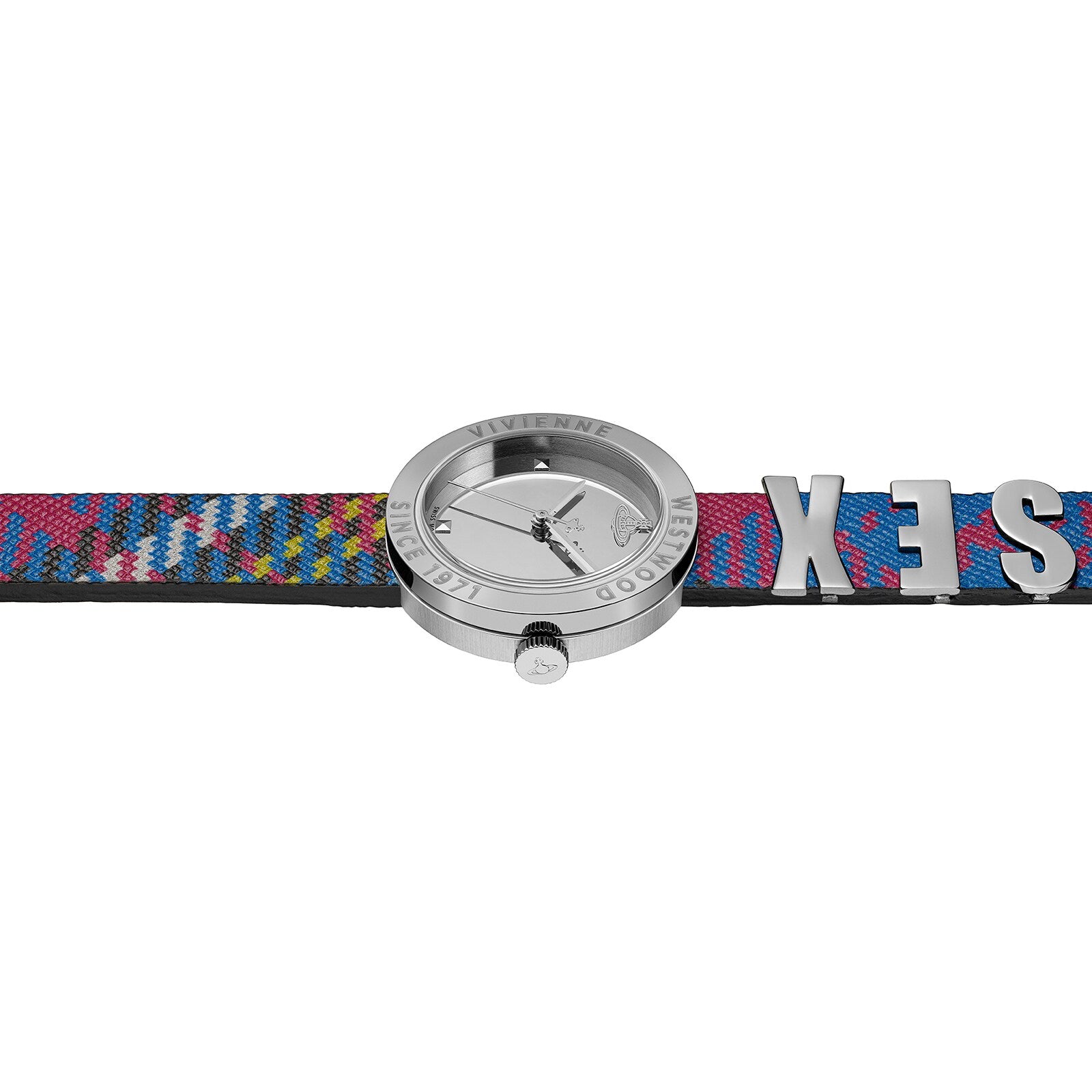 Vivienne Westwood The Rebel women's watch with a silver dial and multicolour leather strap. Clasp and case back detail.