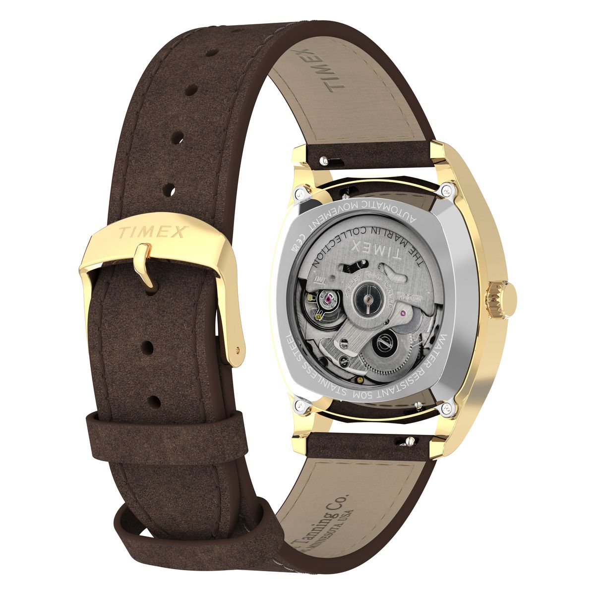 Timex Marlin Tonneau TW2Y84500 brown leather strap shown flat beside the black dial