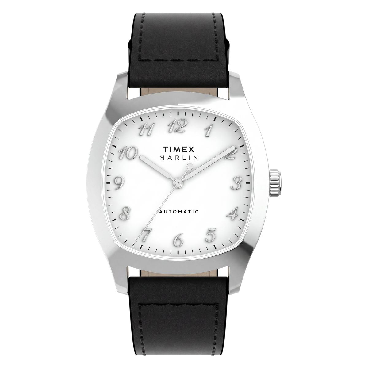 Timex Marlin Tonneau TW2Y84300 front view with white dial and black leather strap