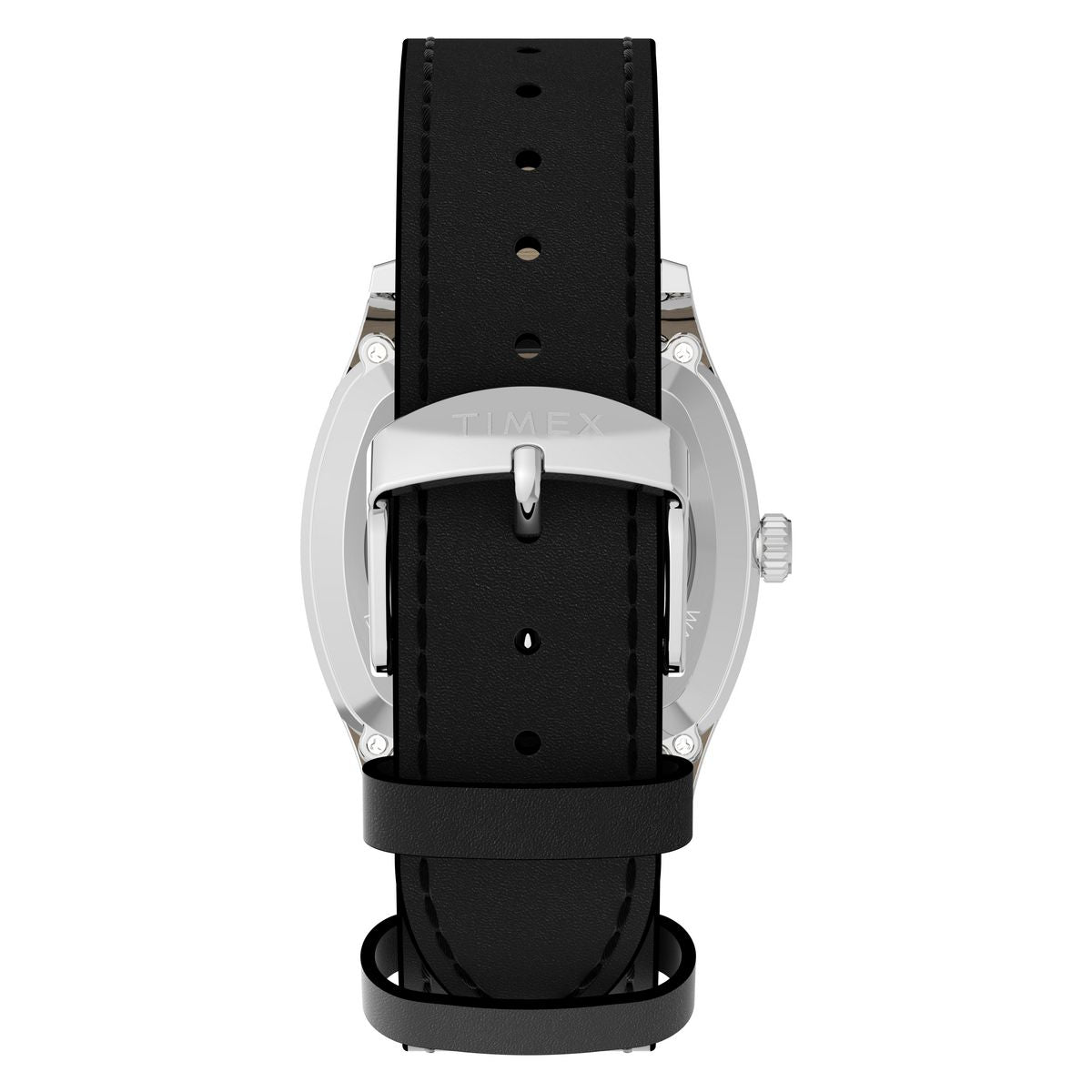 Side profile of the Timex Marlin Tonneau TW2Y84300 silver-tone cushion case and black strap