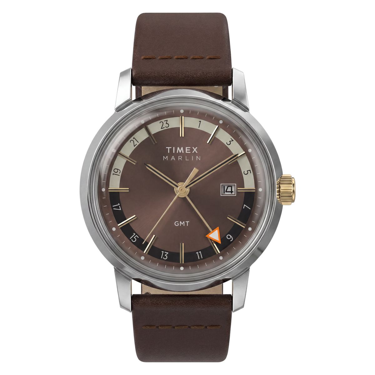 Timex Marlin GMT TW2Y84200 front view with chocolate brown dial and brown leather strap