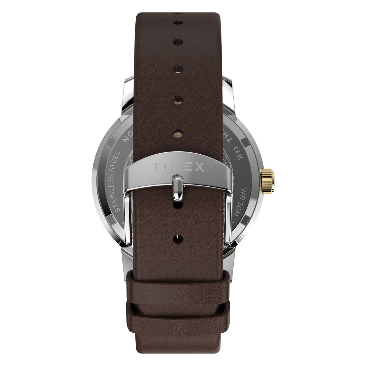 Side profile of the Timex Marlin GMT TW2Y84200 silver-tone stainless steel case and brown strap