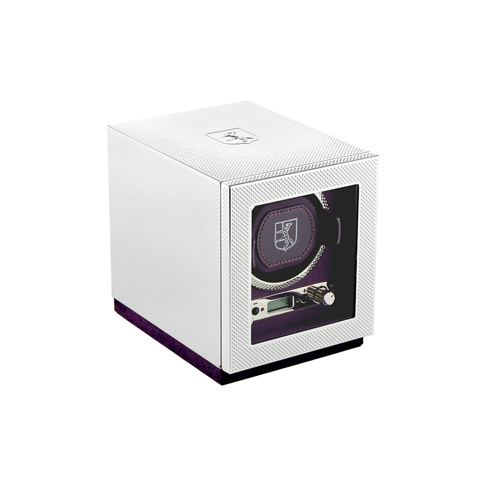 Wolf Silver Programmable Single Watch Winder 190003 in textured white display box with purple base.