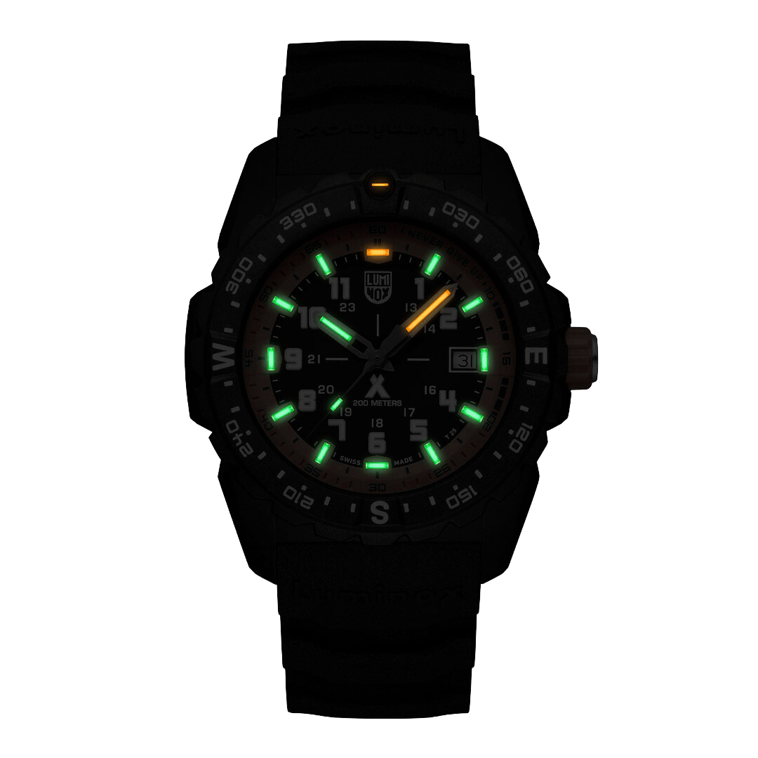 Luminous tactical wristwatch with glowing markers on a dark dial and black strap.