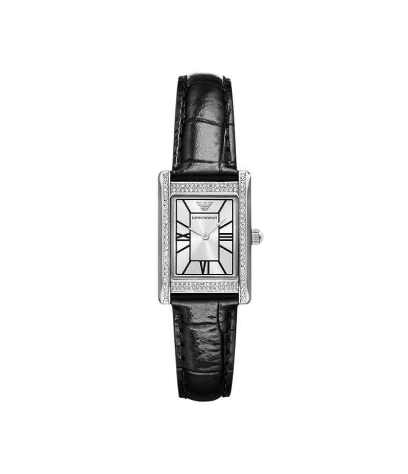 Emporio Armani Two-Hand Silver Dial Black Leather Strap Watch AR11623