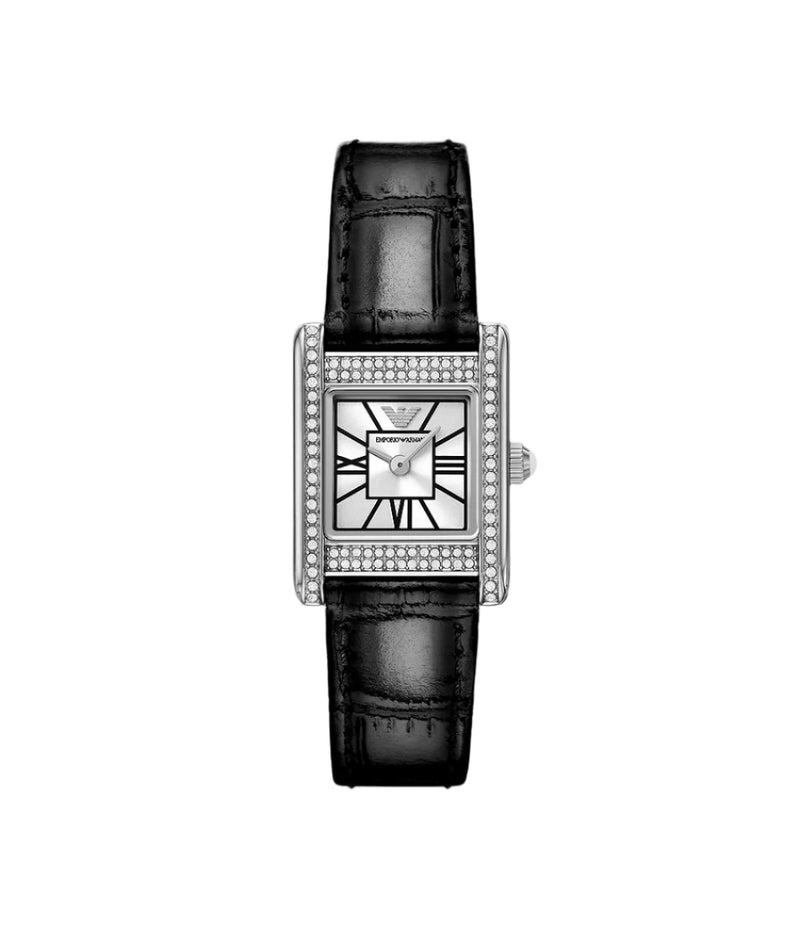 Emporio Armani Two-Hand Silver Dial Black Leather Strap Watch AR11660