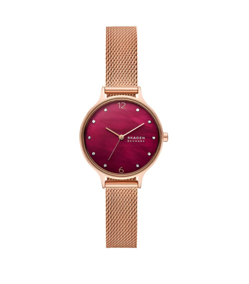 Skagen Anita Rose Gold Mesh Watch with Red Dial for Women SKW3150