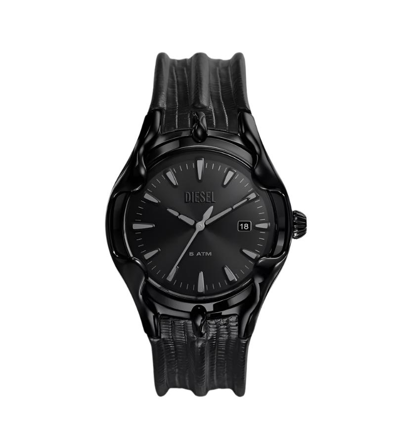 Diesel Vert Three-Hand Black Leather Strap Watch DZ2193