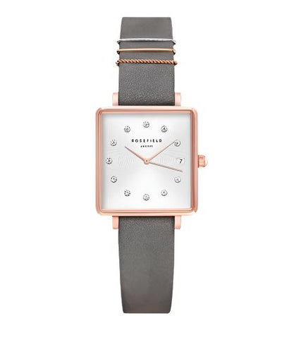 Rosefield Mini Boxy White Dial Grey Leather Strap Watch QWGR-Q037