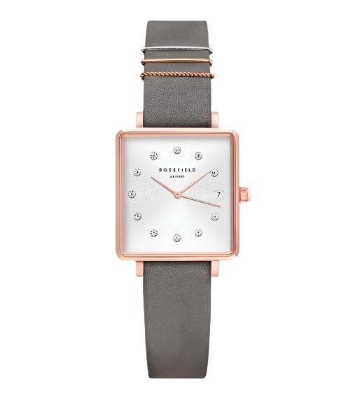 Rosefield Mini Boxy White Dial Grey Leather Strap Watch QWGR-Q037