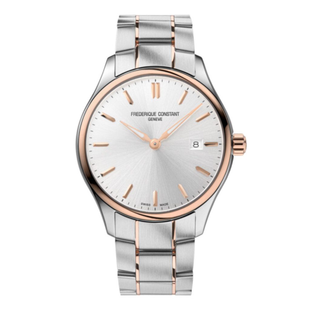 Elegant wristwatch with a silver and rose gold-tone metal bracelet and minimalist dial.