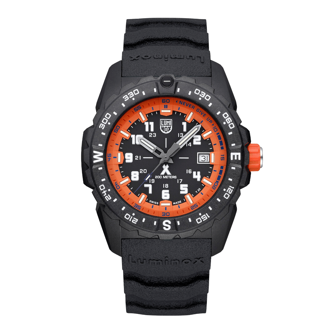 Rugged black wristwatch with an orange and black dial and rotating bezel.
