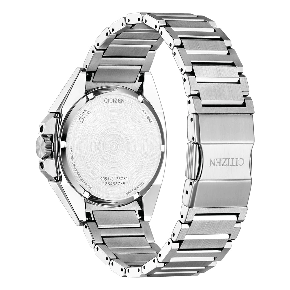 Silver wristwatch with a metal link bracelet band.