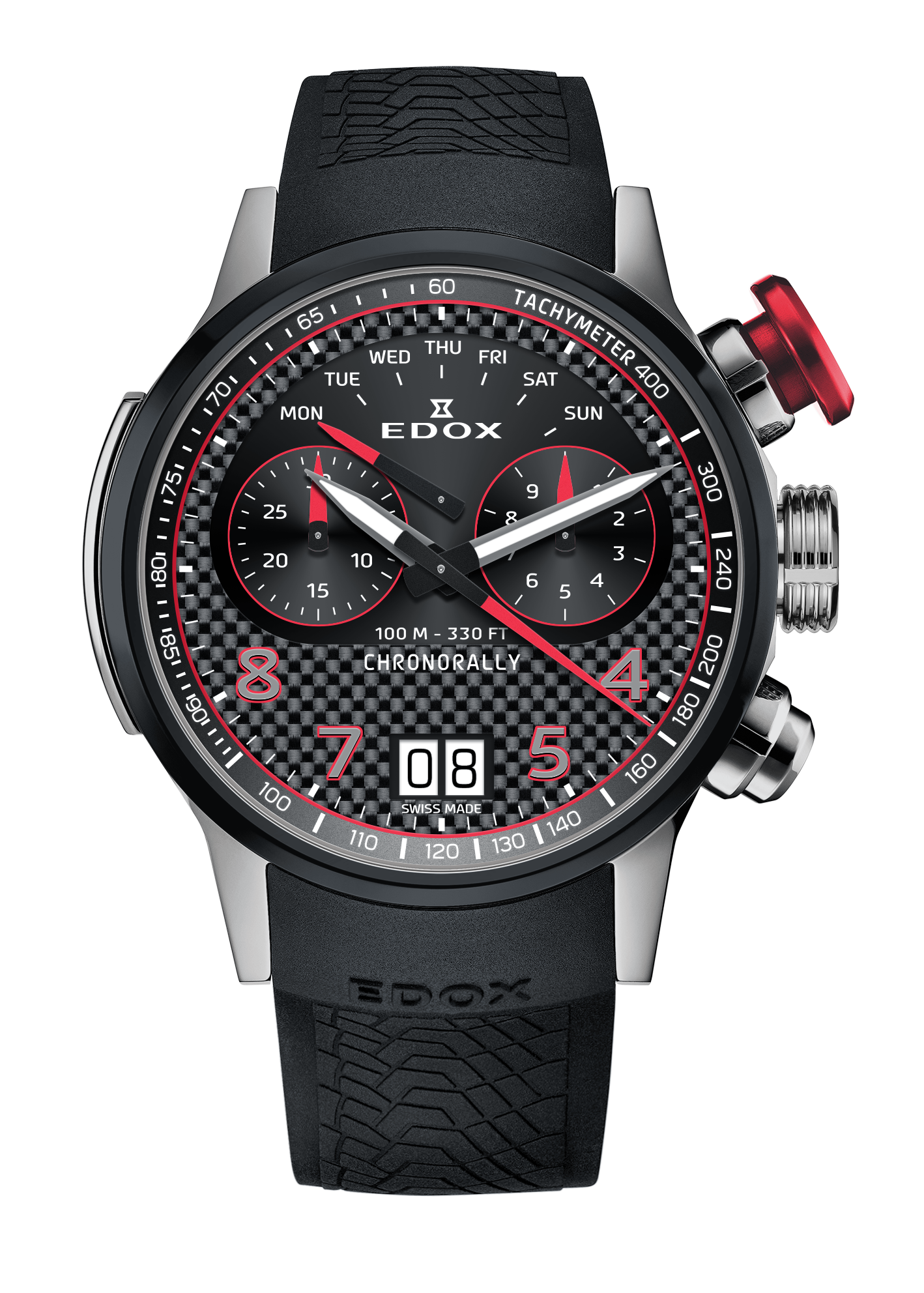 Sleek sports watch with a black dial, red accents, and a rubber strap.
