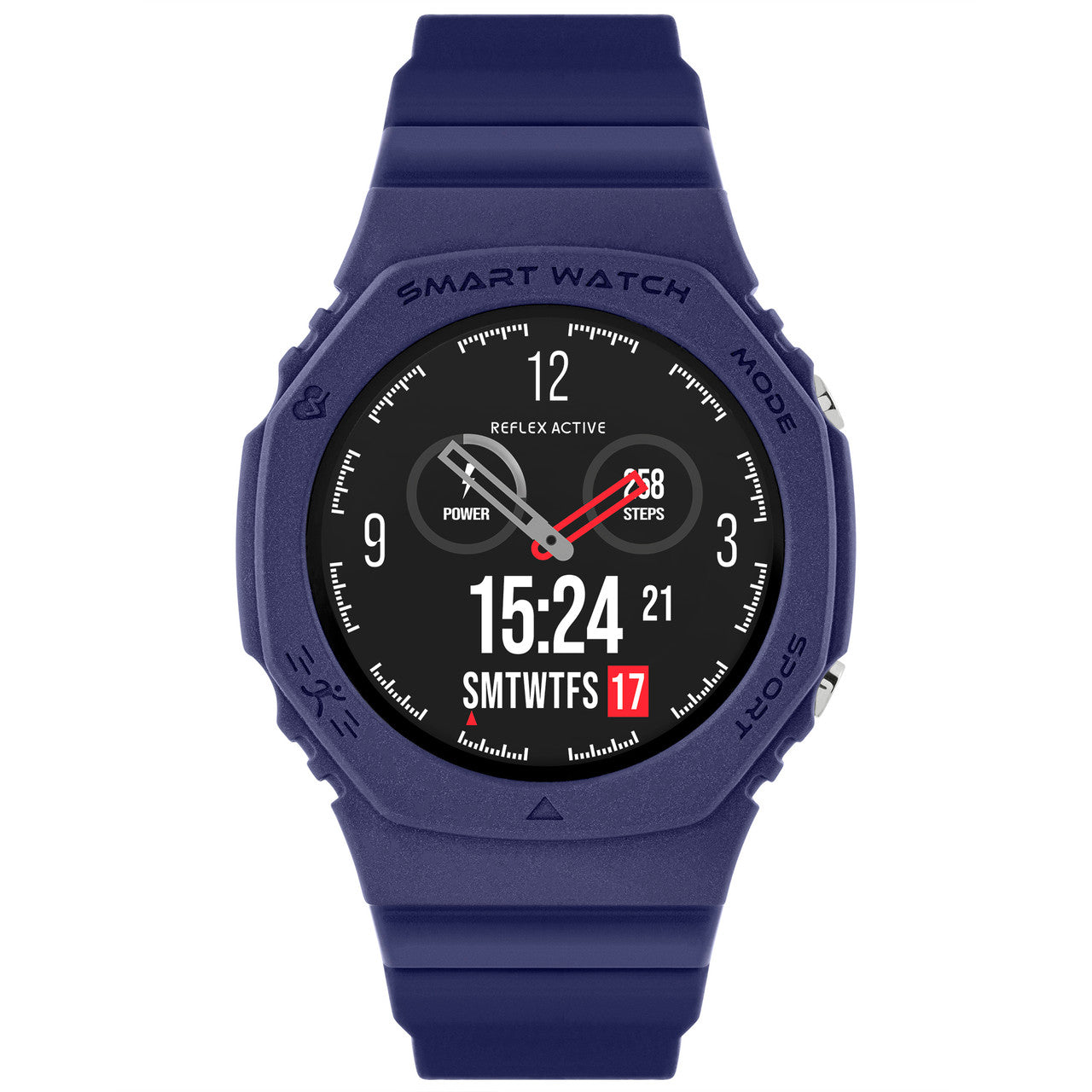 Navy blue smartwatch with a round digital display and rugged exterior design.