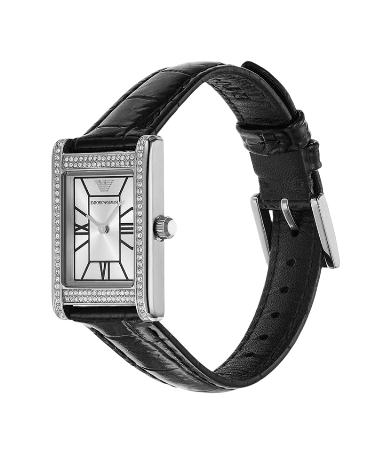Emporio Armani Two-Hand Silver Dial Black Leather Strap Watch AR11623